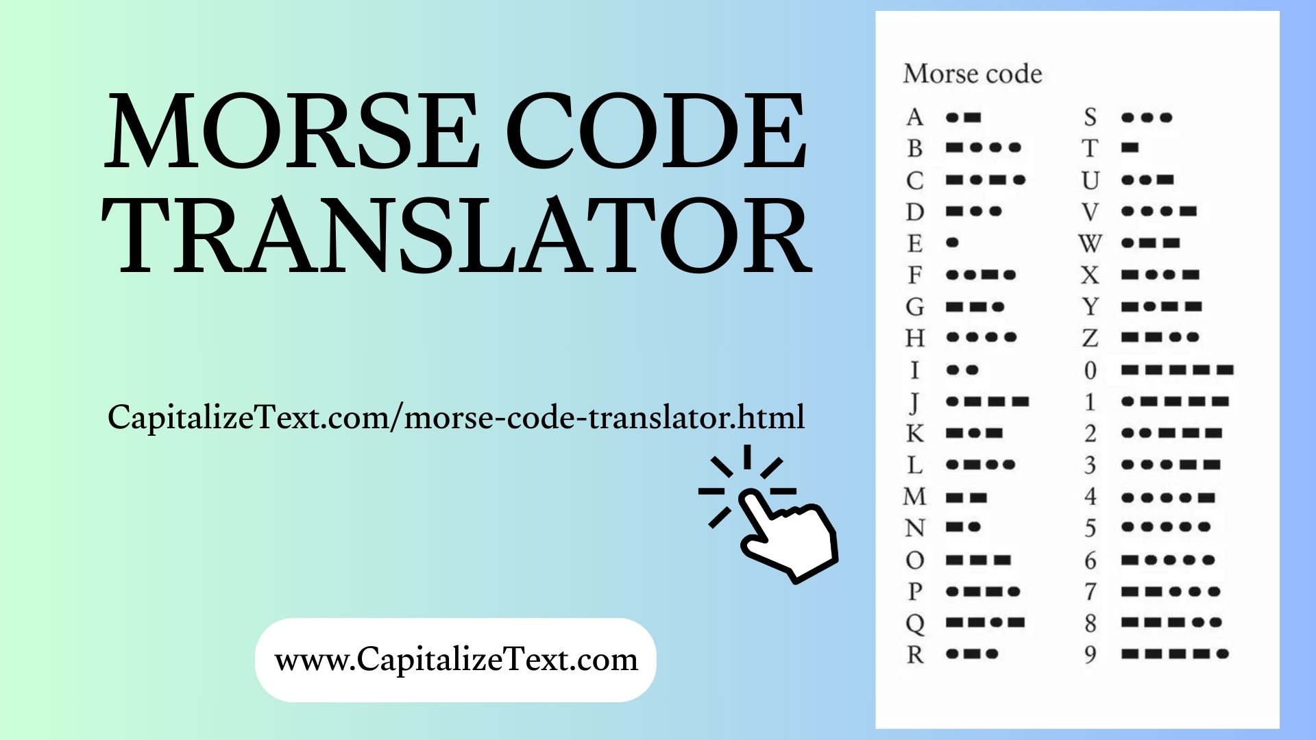 Morse code translator showing international Morse code alphabet chart for letters and numbers